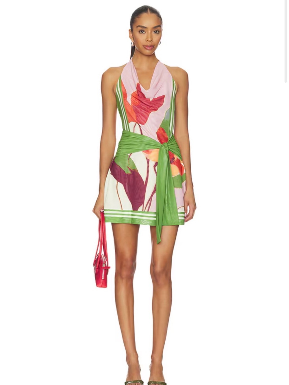 Floral Halter Mini Dress with Green Tie-Waist. Worn once!